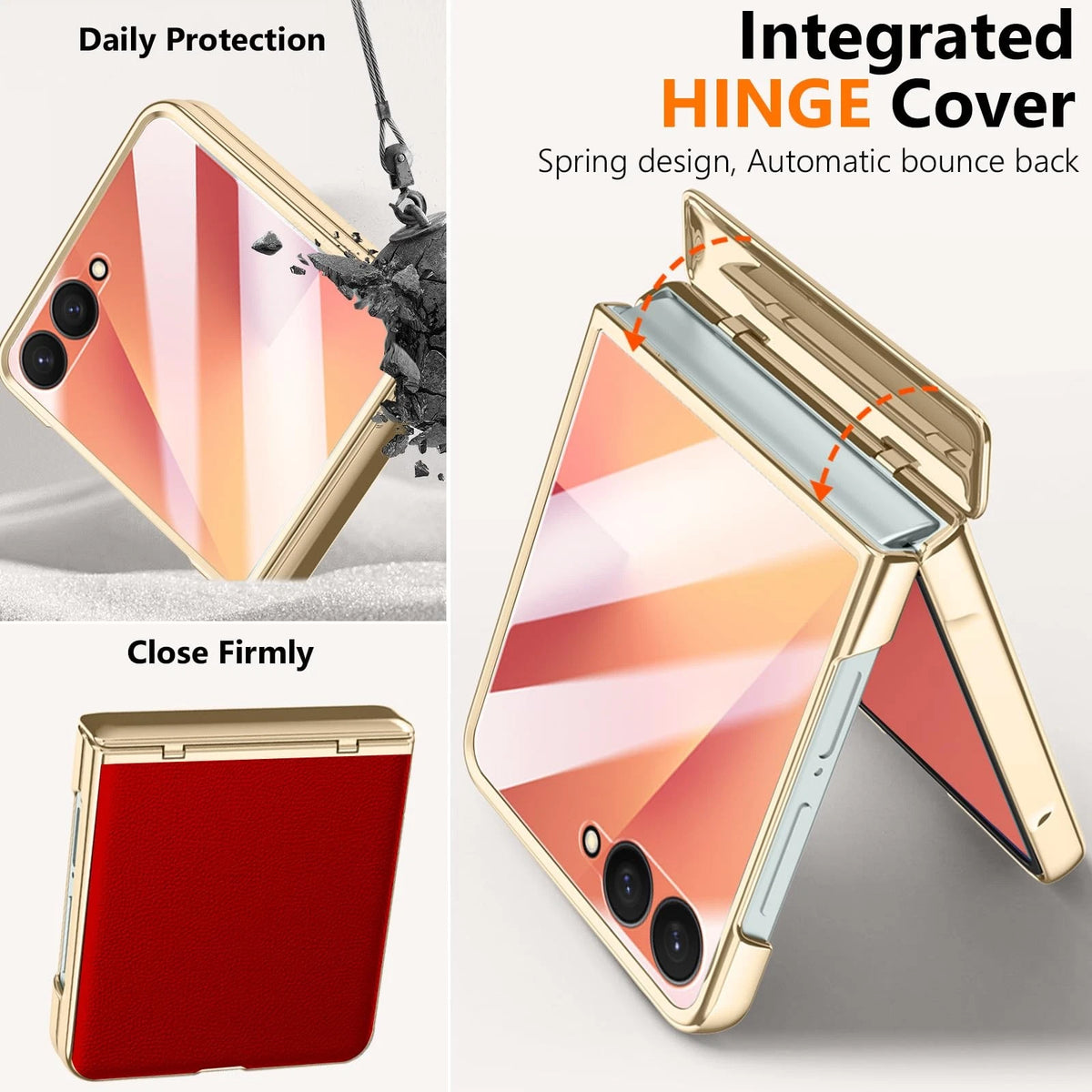 YQODSZ Leather Case for Samsung Galaxy Z Flip 7 (2025) - Gold/Red
