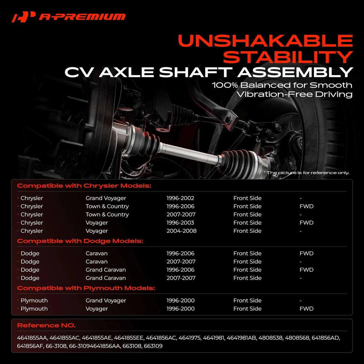 A-Premium 2X Front CV Axle Assembly for Dodge Grand Caravan (1996–2007) 4641855AA, 4641855AC, 4641855AE, 4641855EE, 4641975, 66-3109, 66-3108