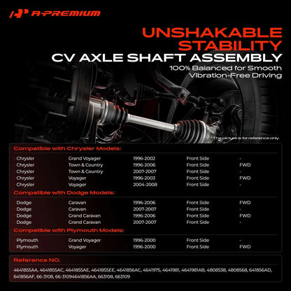 A-Premium 2X Front CV Axle Assembly for Dodge Grand Caravan (1996–2007) 4641855AA, 4641855AC, 4641855AE, 4641855EE, 4641975, 66-3109, 66-3108