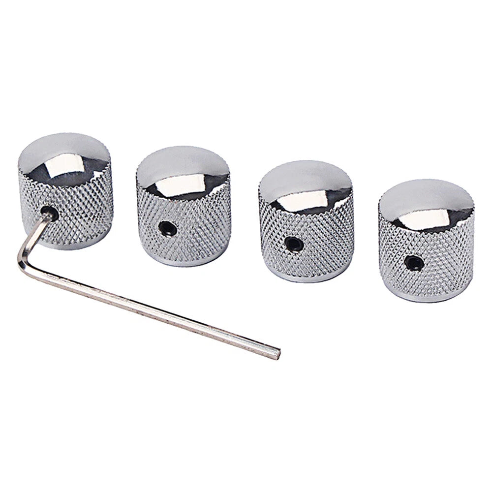 Set of 4 Metal Barrel Guitar Knobs with Inner Hexagon Spanner - Silver