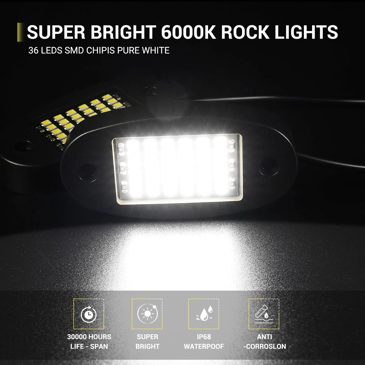 20 Pods White Rock Lights for Automotive (6000K Pure 36 LEDs)