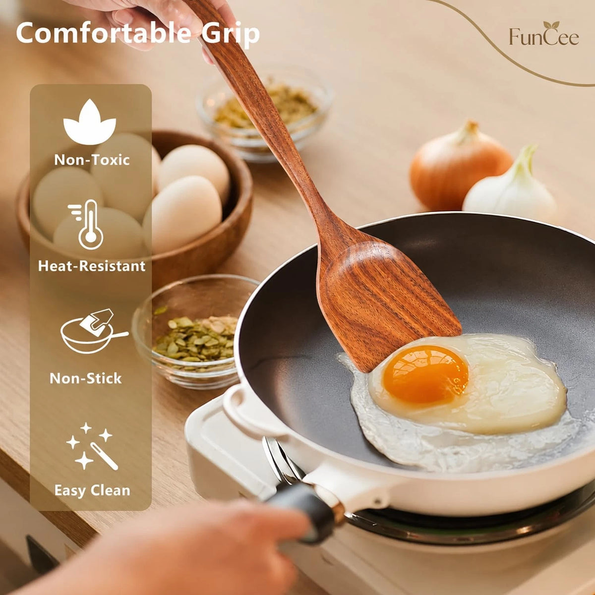 Set of 6 Wooden Cooking Spoons Heat Resistant Non-Stick Utensils