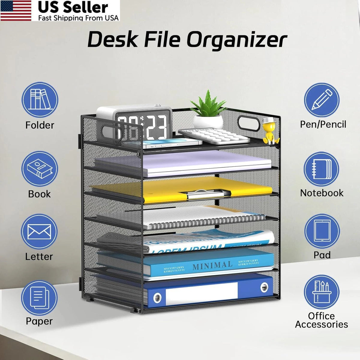 7-Tier Paper Organizer for Desk, Letter Tray with Handle, Mesh Black