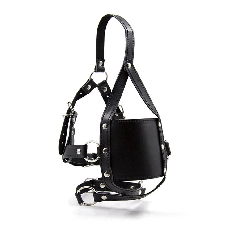 PU Leather BDSM Head Harness Face Mask with Open Mouth Gag Restraint