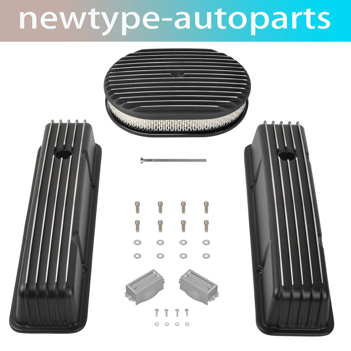 Set of 2 Tall Finned Valve Covers & 12" Oval Air Cleaner for SBC Chevy (1958–1986)