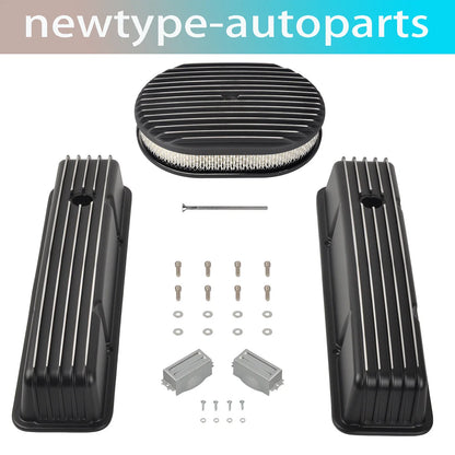 Set of 2 Tall Finned Valve Covers & 12" Oval Air Cleaner for SBC Chevy (1958–1986)