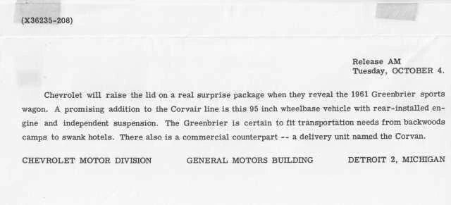 Press Photo for 1961 Chevrolet Corvair Greenbrier Sports Wagon