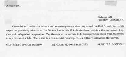 Press Photo for 1961 Chevrolet Corvair Greenbrier Sports Wagon