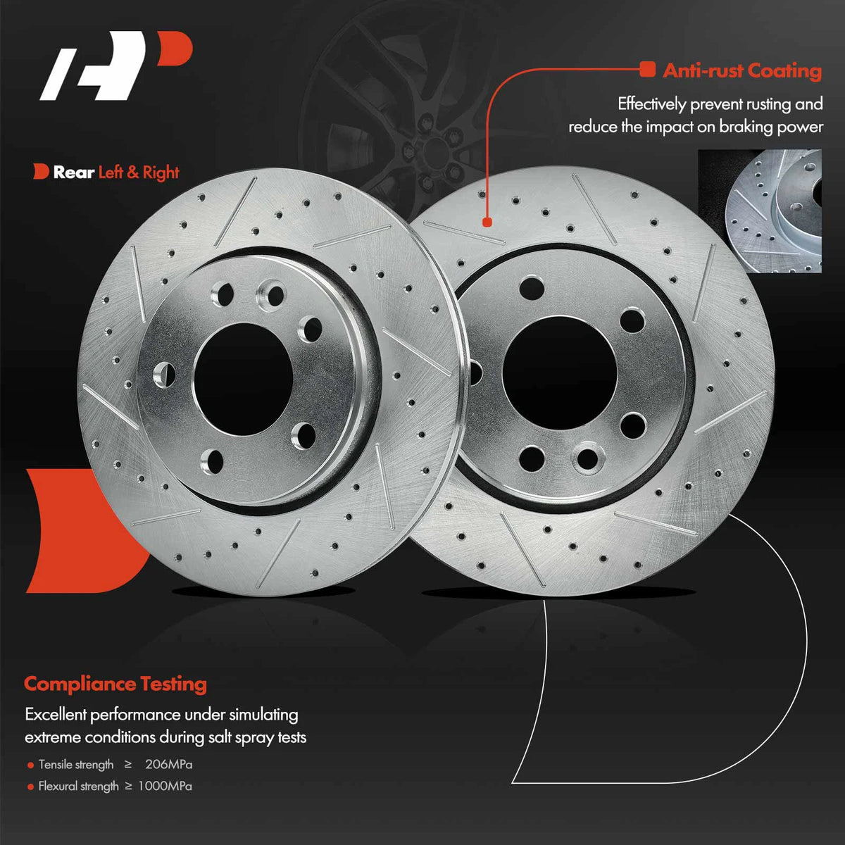 Set of 2 Rear Side Drilled Brake Rotors & Ceramic Pads for VW Transporter (2010–2019) S-12199015, D1018