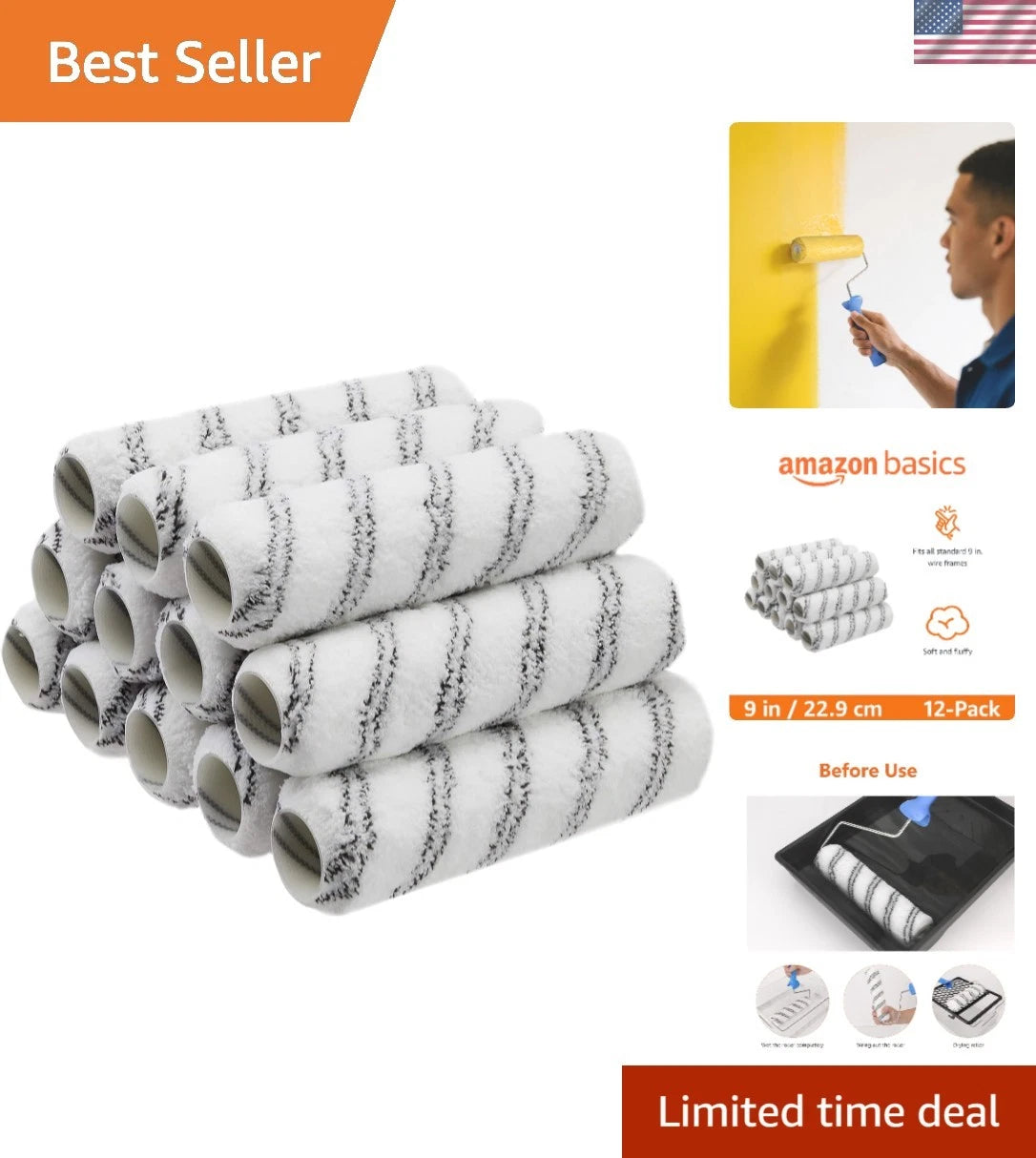 12 Pack Microfiber Paint Roller Covers 9" x 3/8" for Smooth Finish