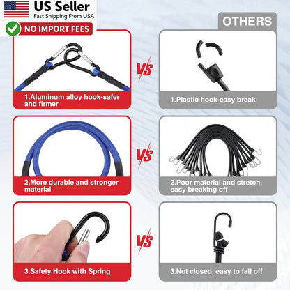 Set of 4 Heavy Duty 24 Inch Bungee Cords with Hooks - Blue