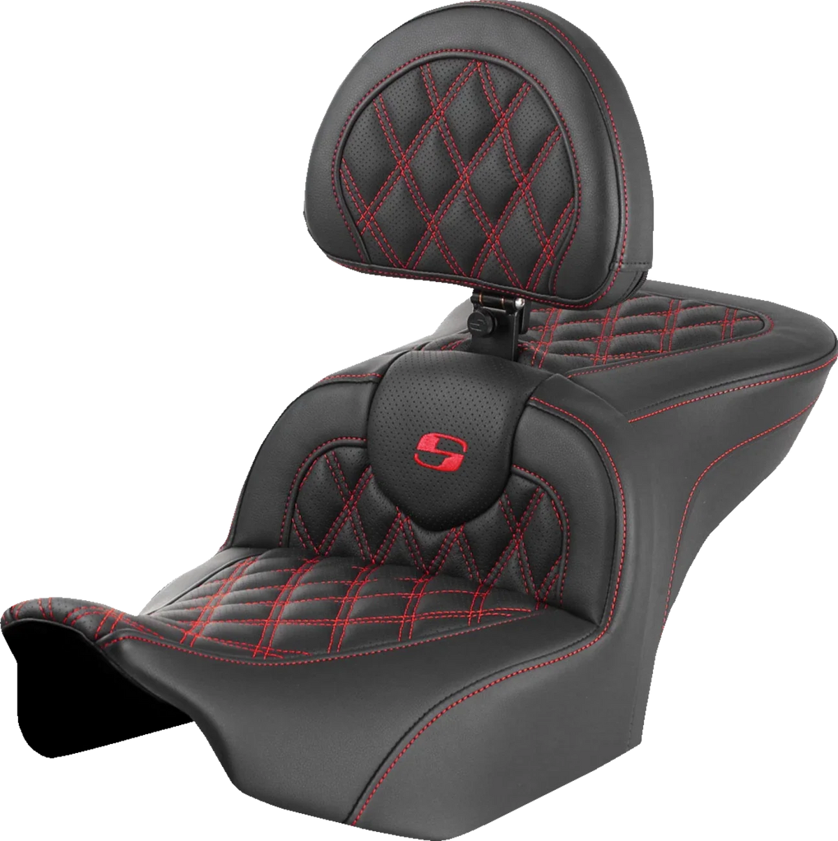 SADDLEMEN RoadSofa Seat with Backrest for Motorcycle (Lattice Stitch, Red Stitch)