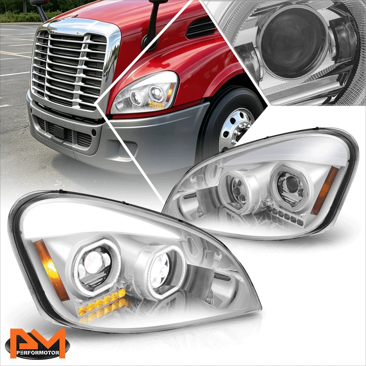 Dual LED Halo Projector Headlights for Freightliner Cascadia (2008–2017)