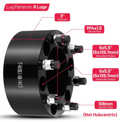 4pcs 3" 6x5.5 Wheel Spacers for Chevy Silverado 1500 & GMC Sierra 1500 (2007–2024)