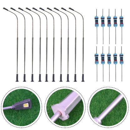 10pcs Metal Street Light Lamps for HO Scale Model Trains (1:87) Warm White LEDs