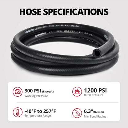 25FT 1/2" Fuel Hose Line NBR Rubber Push Lock with 10 Clamps SAE 30R7 300PSI