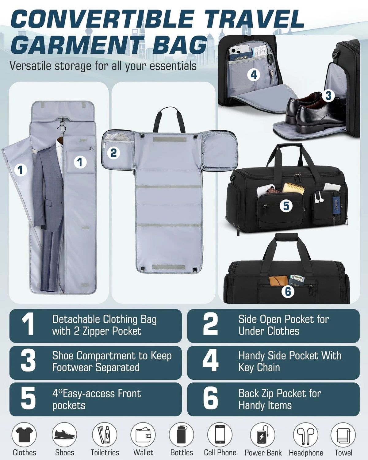 Convertible Garment Bag for Travel (45L) - Black