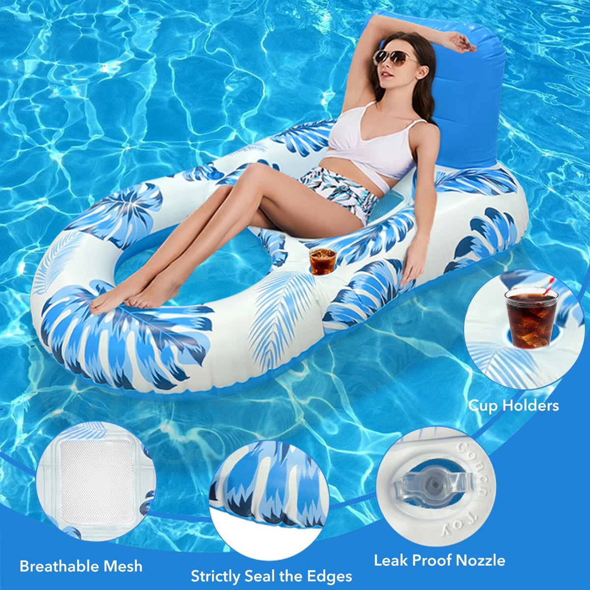 Inflatable Pool Floats Lounger with Cup Holders for Water Fun