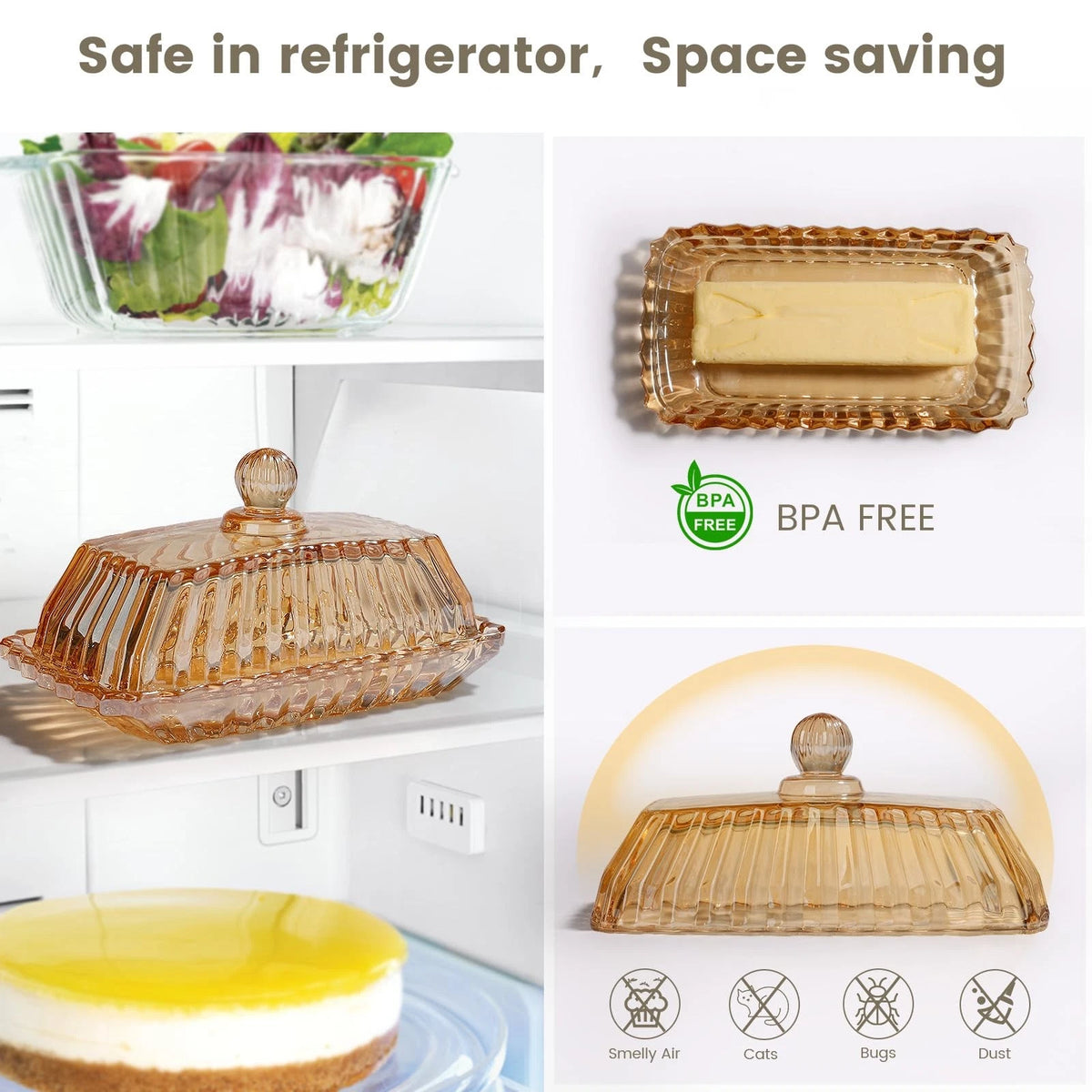 Vintage Amber Glass Butter Dish with Lid