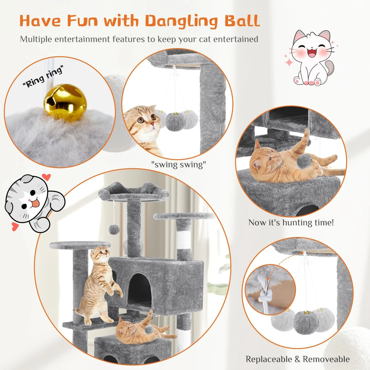 54 Inch Cat Tree Tower for Cats (Multi-Level, Light Grey)