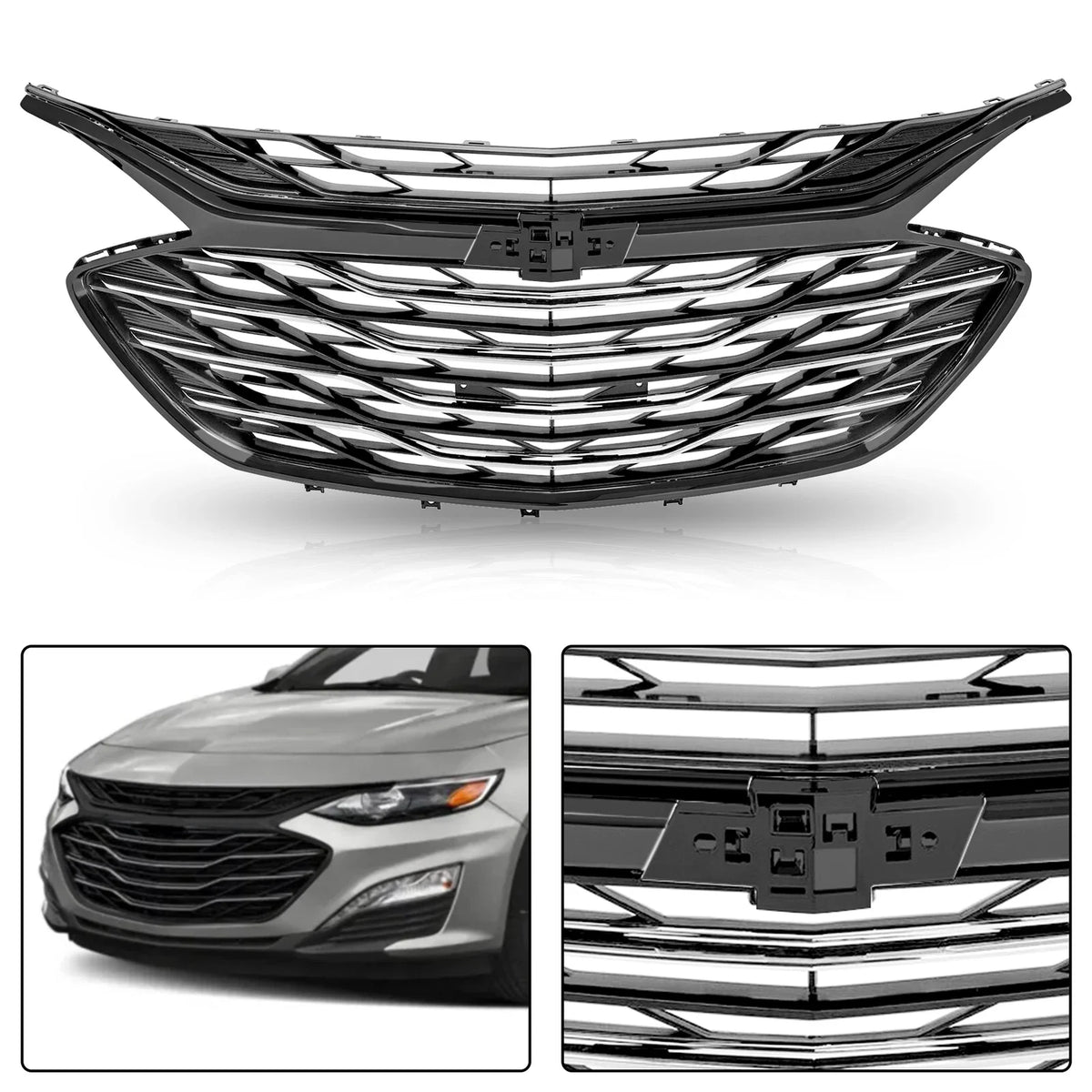 Set of 3 Front Bumper Grilles for Chevrolet Malibu (2019–2020) Glossy Black