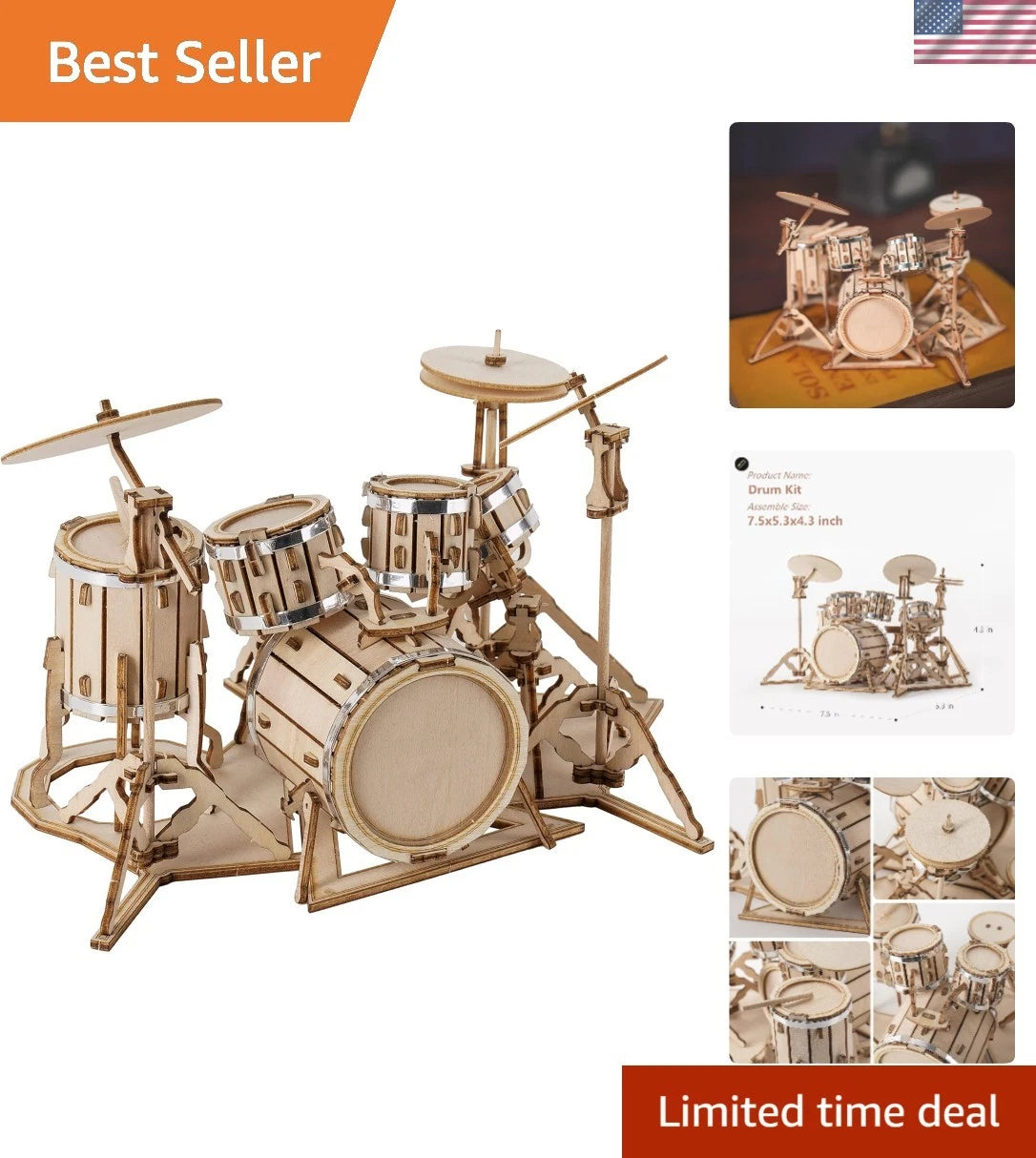 3D Wooden Drum Kit for Teens & Adults (246-Piece DIY Craft)