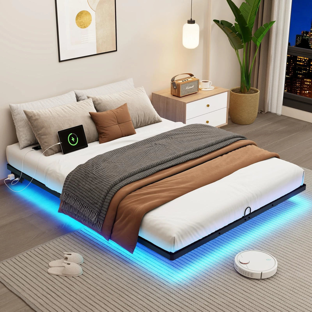 Floating Metal Bed Frame with Smart LED Lights and Charging Station
