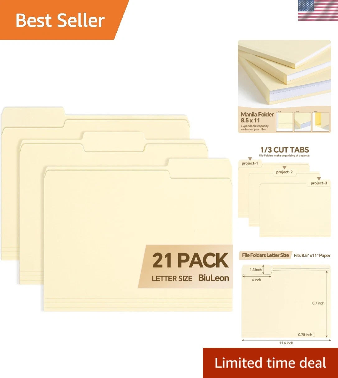 21-Pack Manila File Folders 8.5x11 with 1/3 Cut Tabs