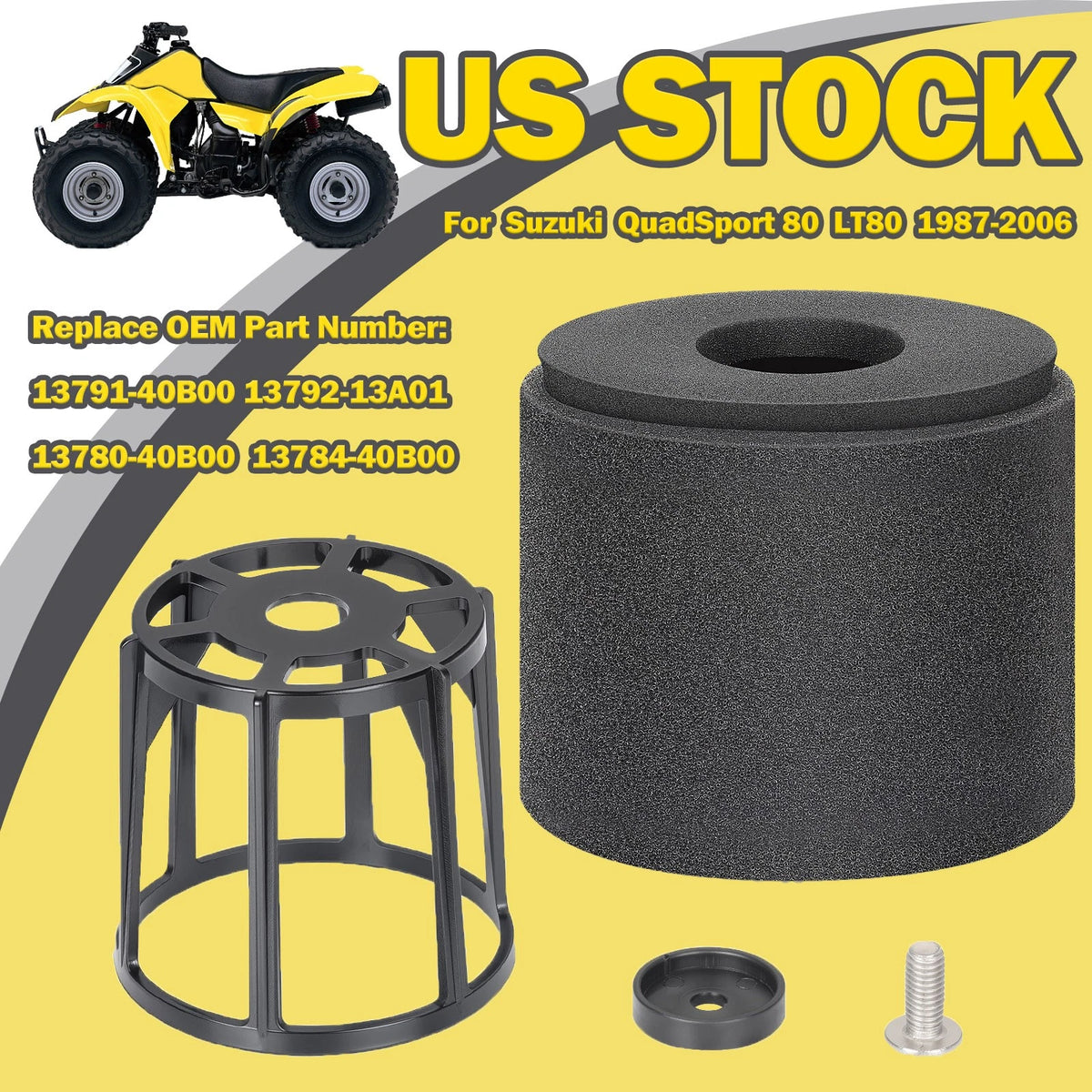 Air Filter & Cage Holder for Suzuki QuadSport 80 LT80 (1987–2006) 13780-40B00, 13791-40B00, 13792-13A01, 13784-40B00