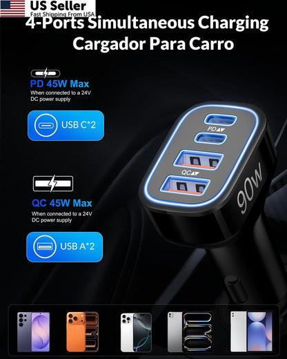 90W 4-Port USB C Car Charger for Samsung Galaxy (2019–2023)