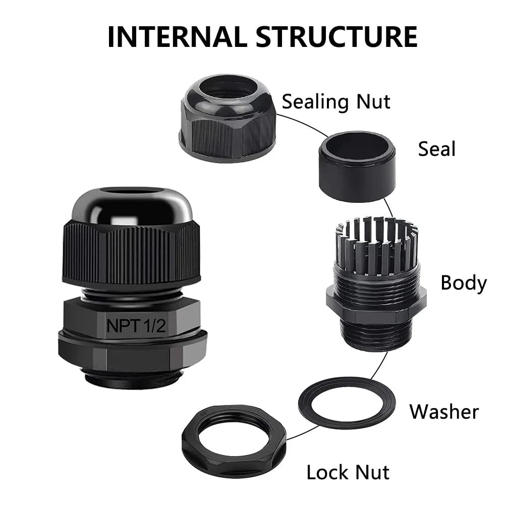 12X 1/2" NPT Cable Glands Nylon PA66, IP68, Black