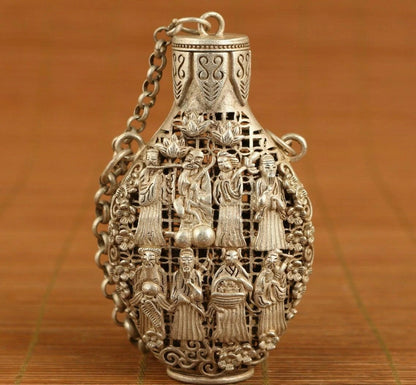 Hollow Carved 8 Immortals Snuff Bottle for Chinese Old Tibet Silver