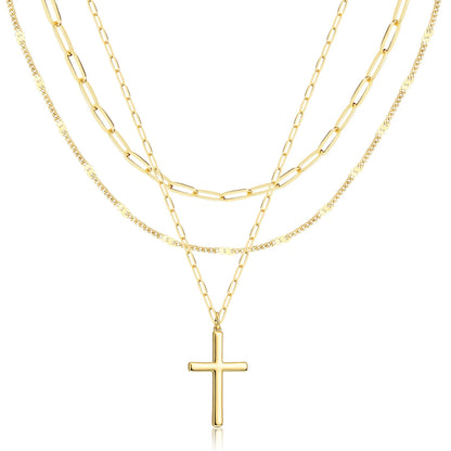 Layered Gold Cross Necklace for Women, 14k Adjustable (14-52.07 cm)