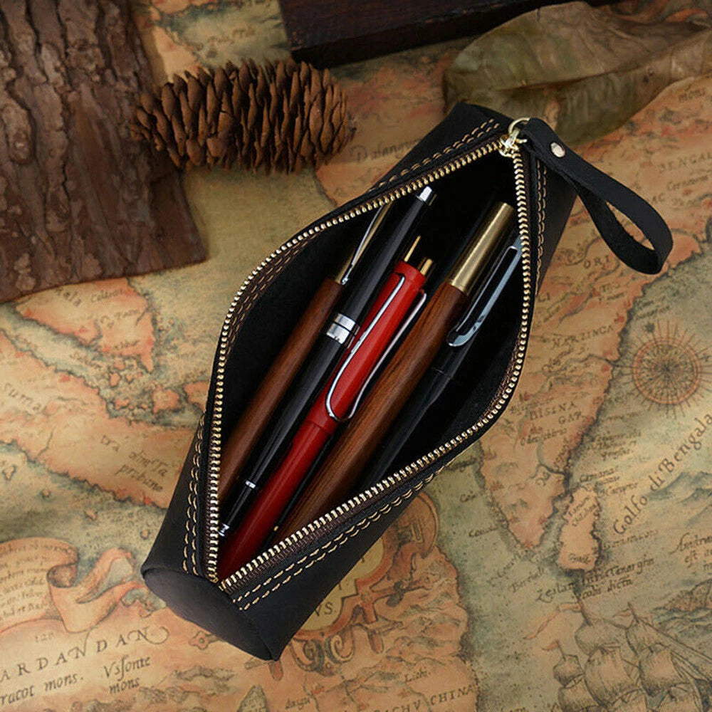 Leather Pen Pouch Zipper Case for Handmade Cowhide Stationery (US)