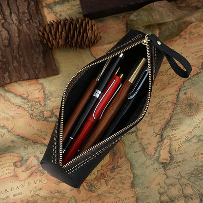 Leather Pen Pouch Zipper Case for Handmade Cowhide Stationery (US)