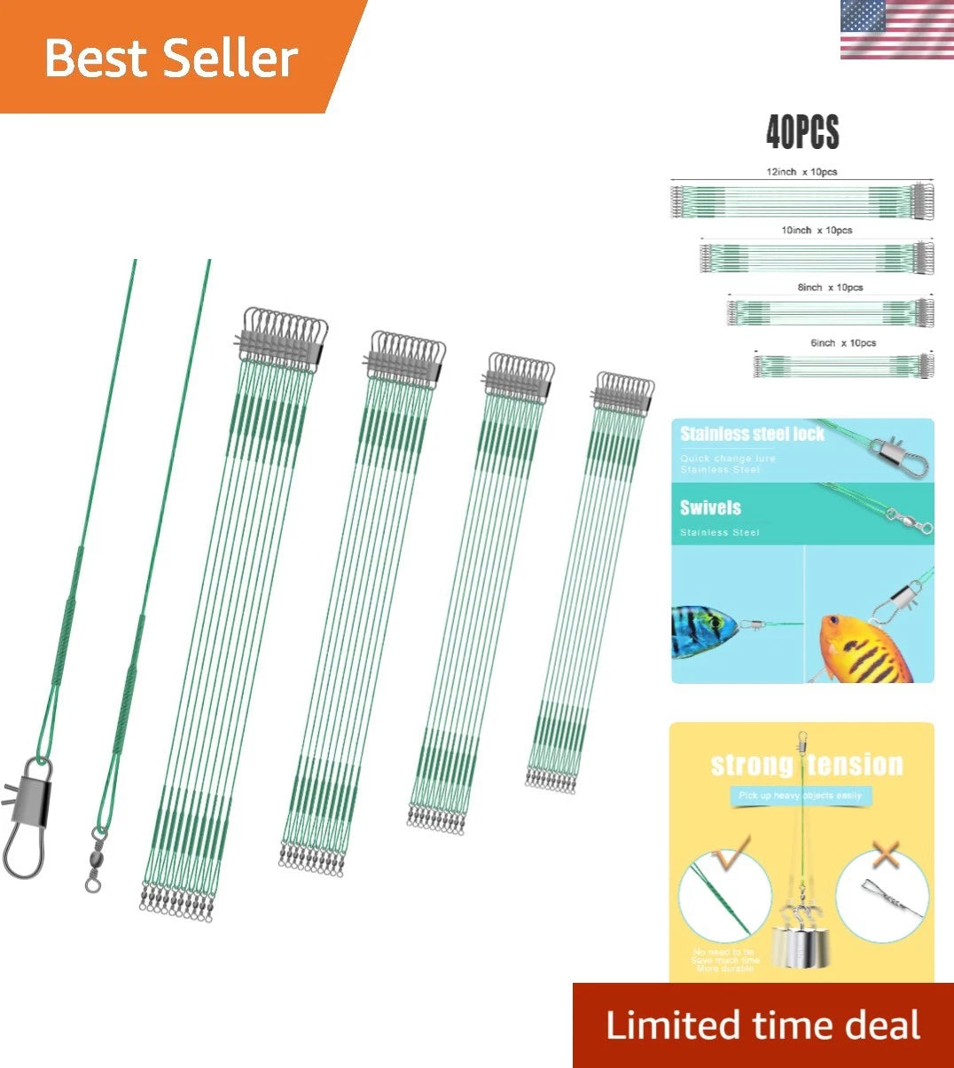Set of 4 Stainless Steel Fishing Leaders for All Fish Types
