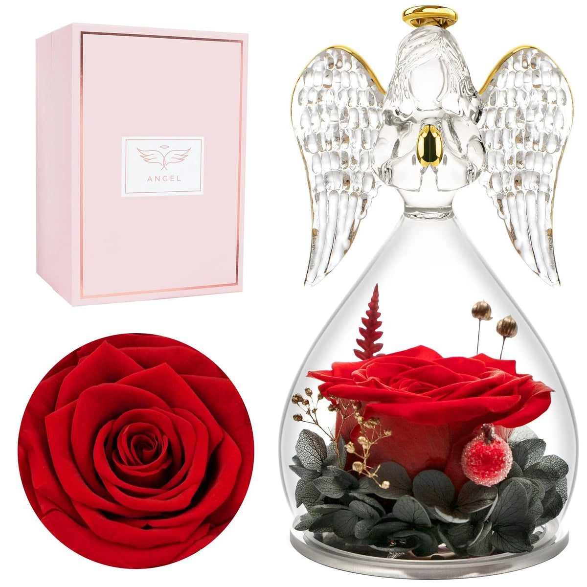 Miofula Preserved Flowers Rose Gifts for Mom, Angel Figurines Forever Red