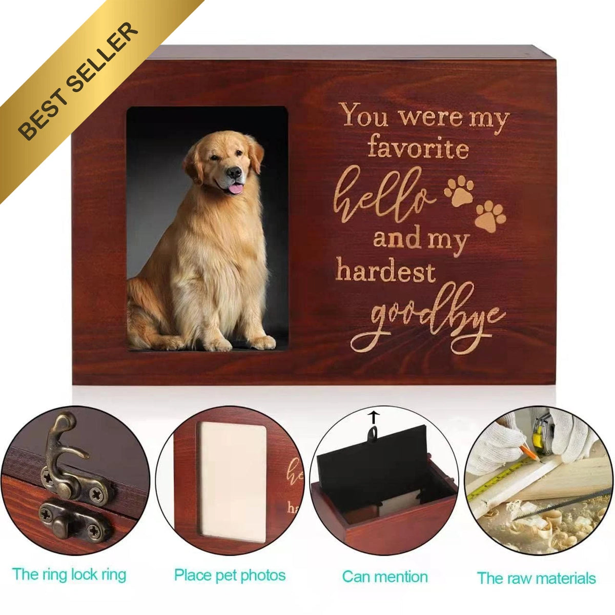 Large Wooden Pet Memorial Urn for Dog Cat Ashes with Photo Frame