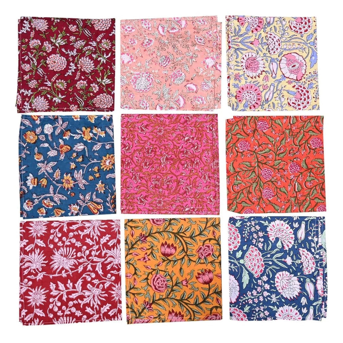 Set of 10 Napkin Hand Block Print 16" Multicolor