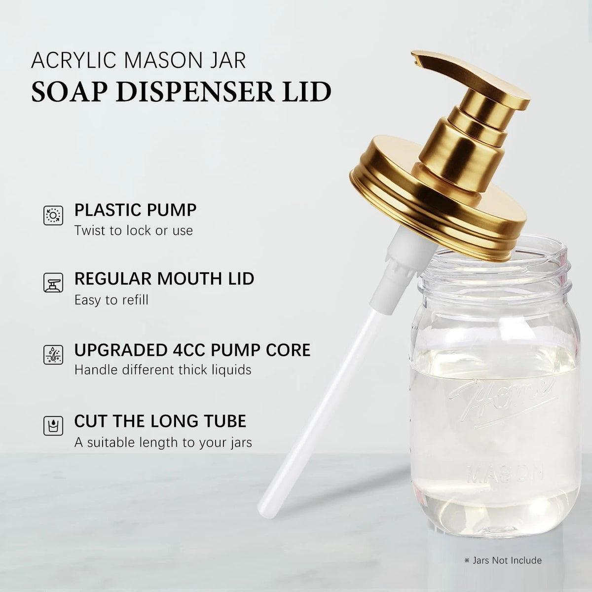 2X Plastic Mason Jar Soap Dispenser Lids for Universal Use - Gold