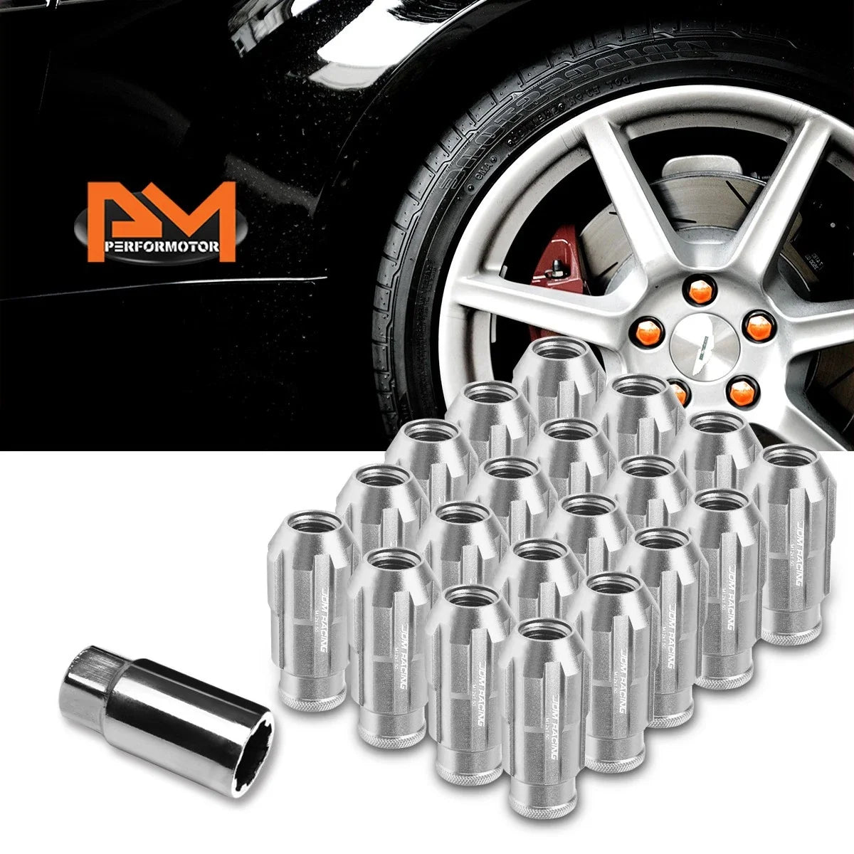 20Pc M12X1.5 Silver JDM Open End Bulge Spline Wheel Lug Nuts + Lock Key