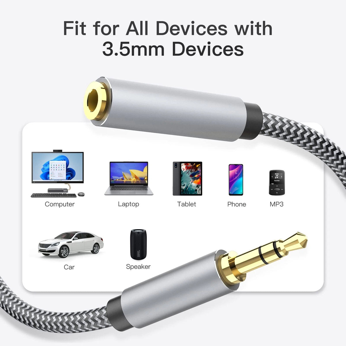 10ft Headphone Extension Cable TRS Nylon Braided Aux Grey
