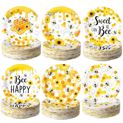 60 Pcs 7 Inch Honey Bee Paper Plates for Baby Shower Tableware