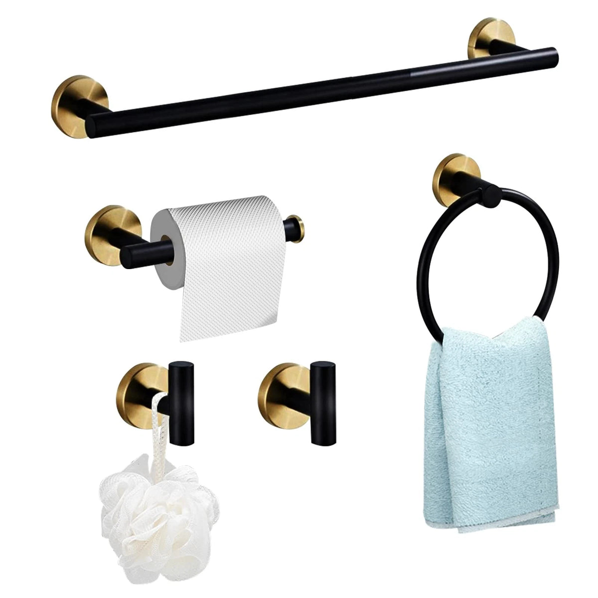 5 Piece Towel Bar Set for Bathroom Accessories Matte Black & Gold