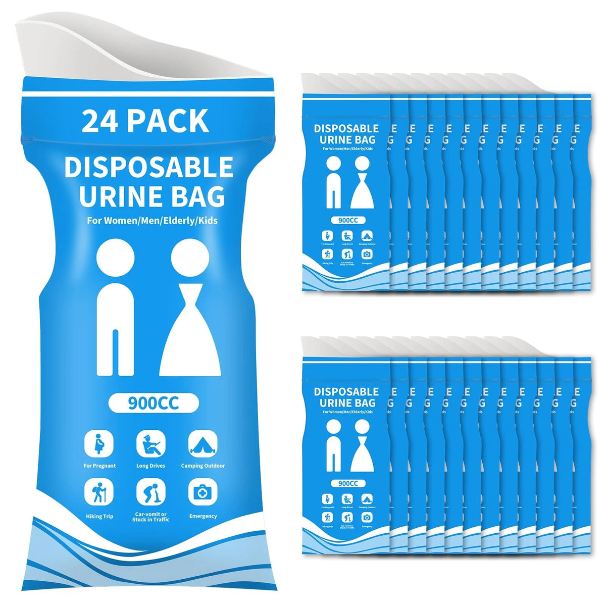 24 Pack Emergency Disposable Urine Bags 900CC - Blue