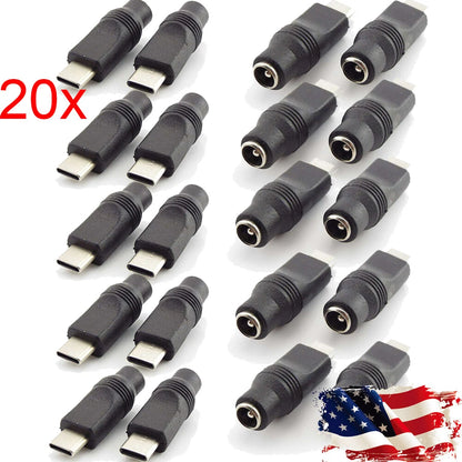 20Pcs DC Power Adapter Type-C USB Male to DC 5.5x2.1mm Female Connector