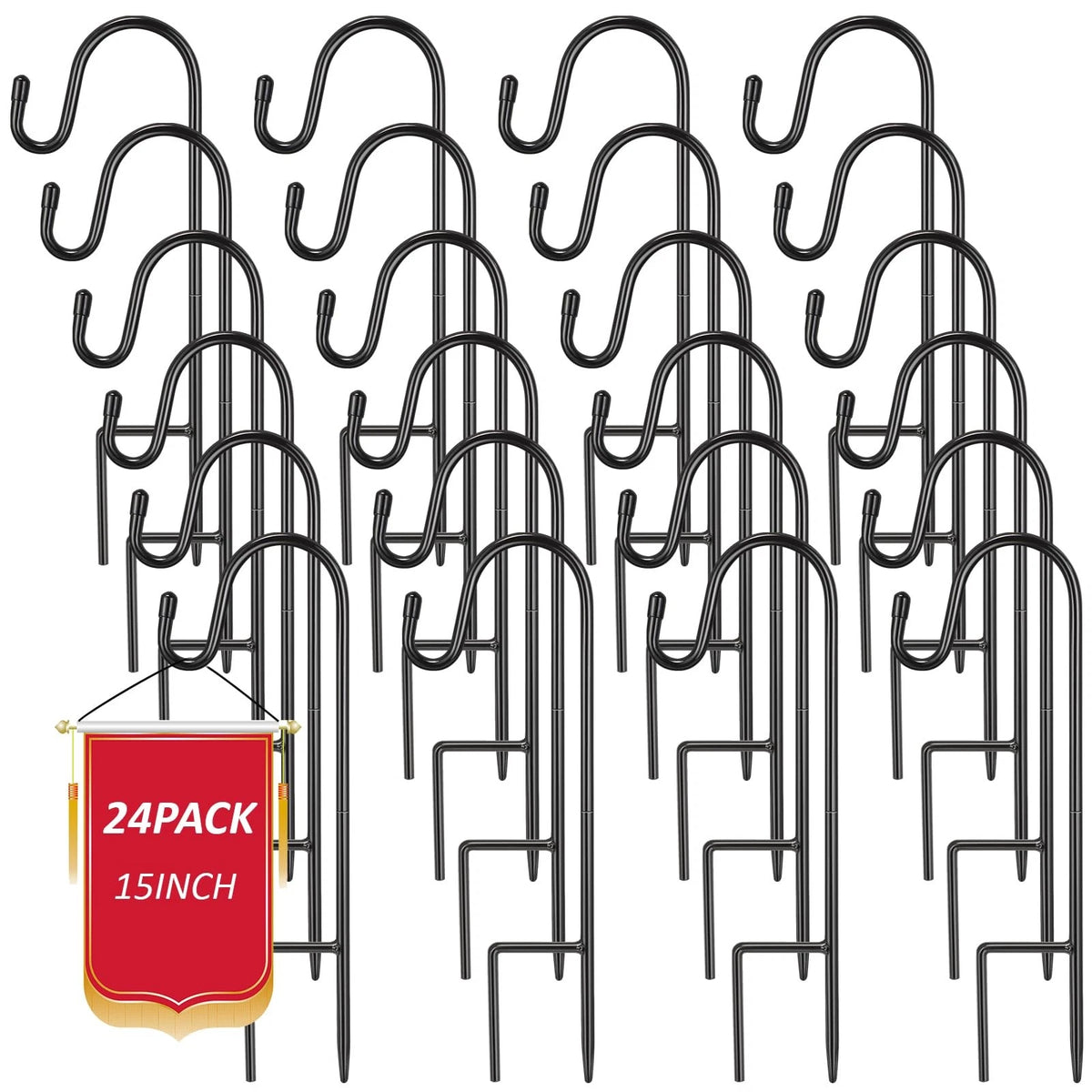 Set of 24 Shepherds Hooks for Outdoor Plant Hanger (15 Inch, Black)