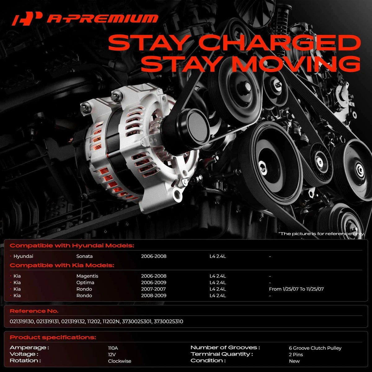 Alternator for Hyundai Sonata (2006–2008) Kia Optima (2006–2009) 11202, 021319130, 021319131, 11202N