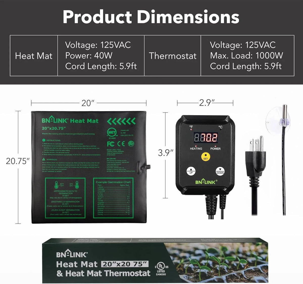 Heat Mat for Seedlings (20" x 20.75") with Thermostat Controller