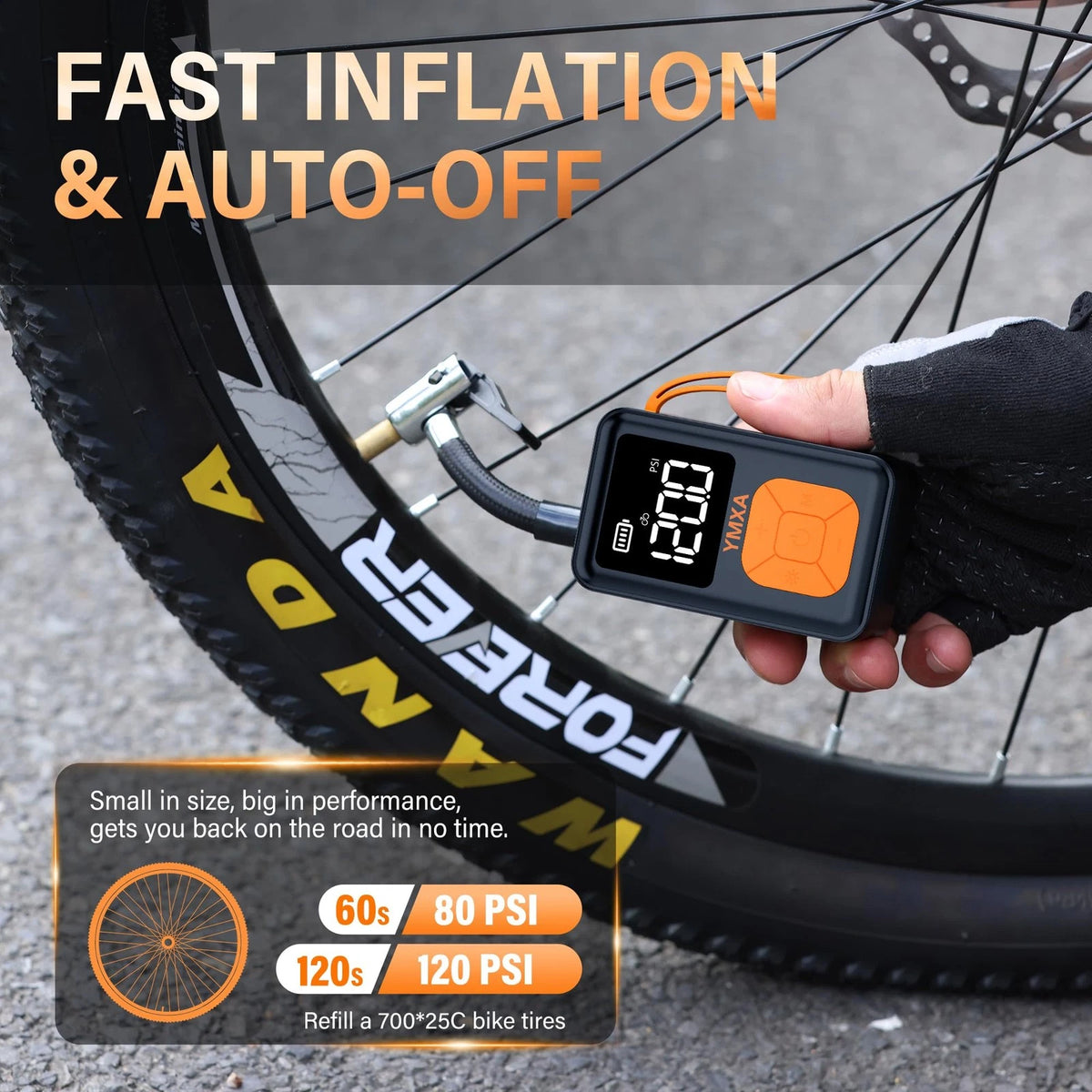 150 PSI Mini Bike Pump with Auto-Stop & Digital Gauge (Orange)